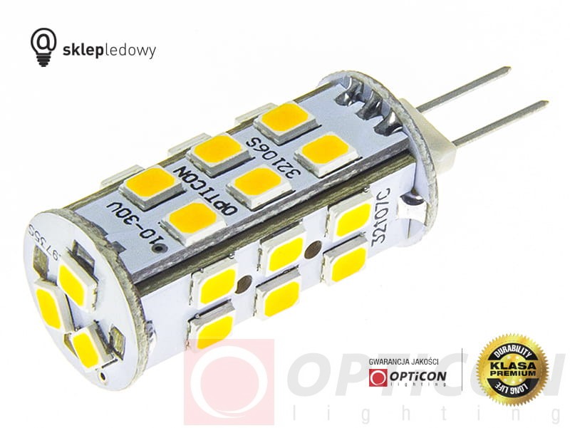 Żarówka G4 LED 2,5W 27x SMD 2835 10-30V DC Biały Ciepły 3000K 12V 24V Opticon Premium