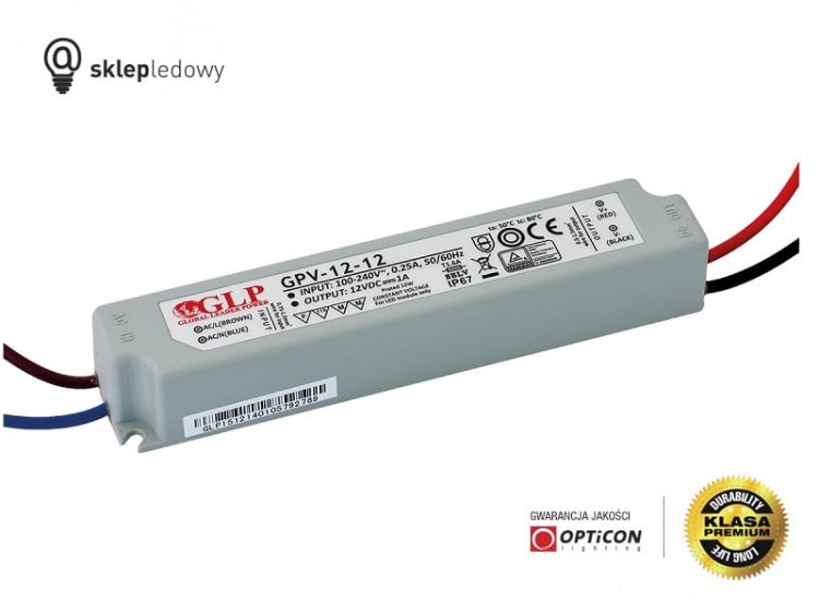 Zasilacz GLP GPV-12-12 1A 12W do Taśm Led z 230V do 12V Wodoszczelny IP67