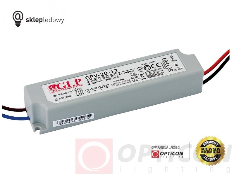 Zasilacz GLP GPV-20-12 2A 24W do Taśm Led z 230V do 12V Wodoszczelny IP67