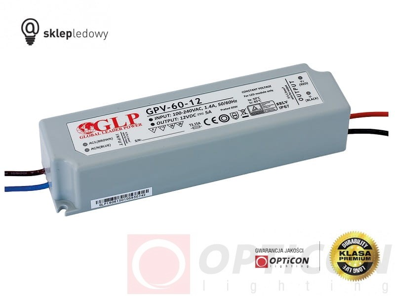 Zasilacz GLP GPV-60-12 5A 60W do Taśm Led z 230V do 12V  Wodoszczelny IP67