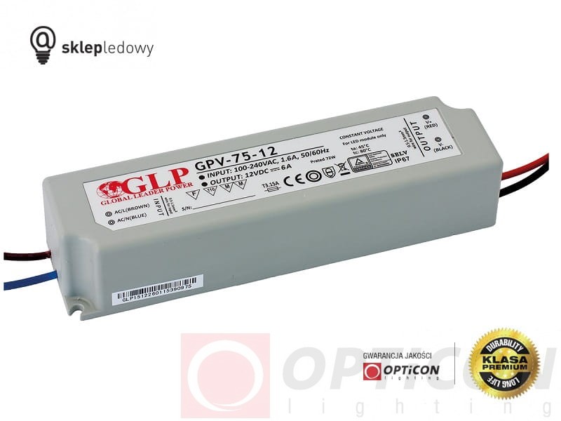 Zasilacz GLP GPV-75-12 6A 72W do Taśm Led z 230V do 12V  Wodoszczelny IP67