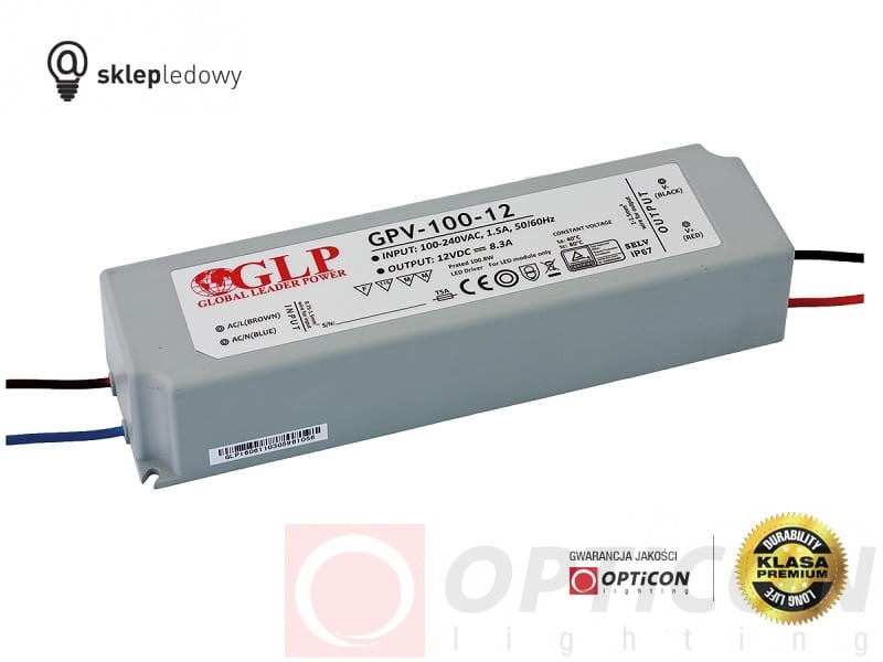 Zasilacz GLP GPV-100-12 8,3A 100W do Taśm Led z 230V do 12V Wodoszczelny IP67