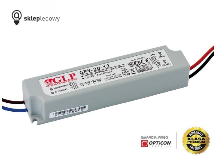Zasilacz GLP GPV-20-24 1A 24W do Taśm Led z 230V do 24V Wodoszczelny IP67