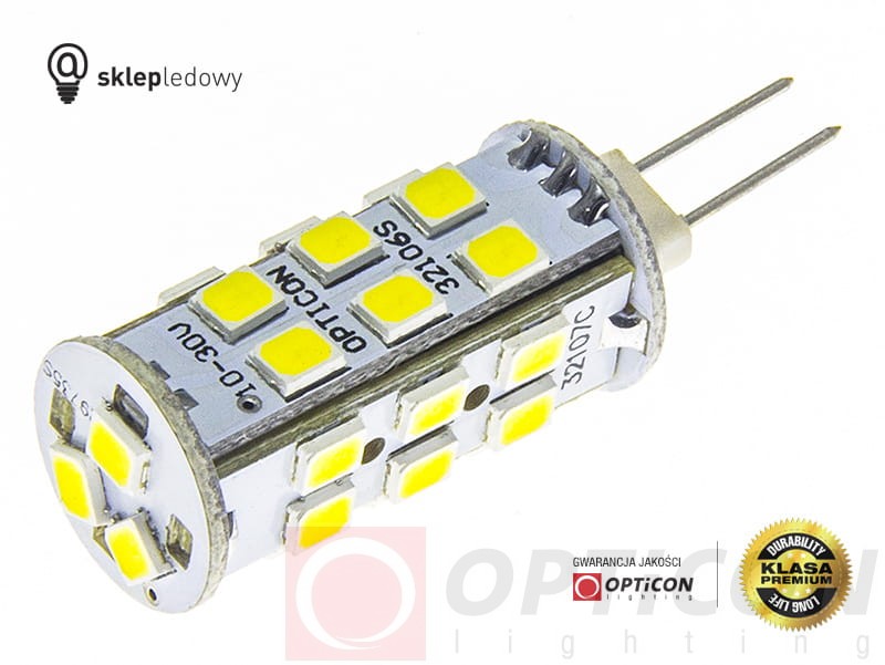 Żarówka G4 LED 2,5W 27x SMD 2835 10-30V DC Biały Zimny 6000K 12V 24V Opticon Premium