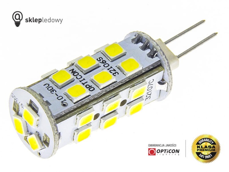 Żarówka G4 LED 2,5W 27x SMD 2835 10-30V DC Biały Zimny 6000K 12V 24V Opticon Premium