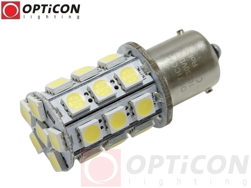 Żarówka Led P21W Ba15s 12V 24V DC 27x SMD5050 Biały Zimny 6000K OPTICON PREMIUM