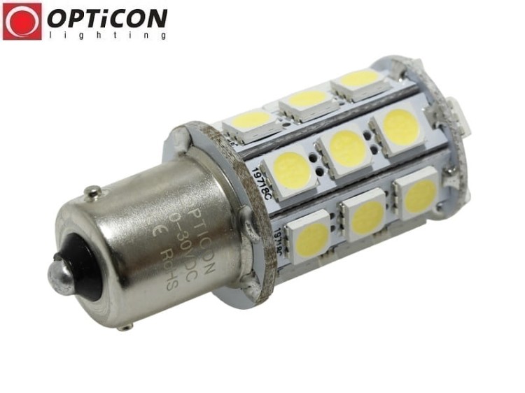 Żarówka Led P21W Ba15s 12V 24V DC 27x SMD5050 Biały Zimny 6000K OPTICON PREMIUM