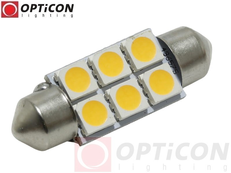 Żarówka Led C5W 36mm 12V 24V DC 6x SMD 5050 Biały Ciepły 3000K OPTICON