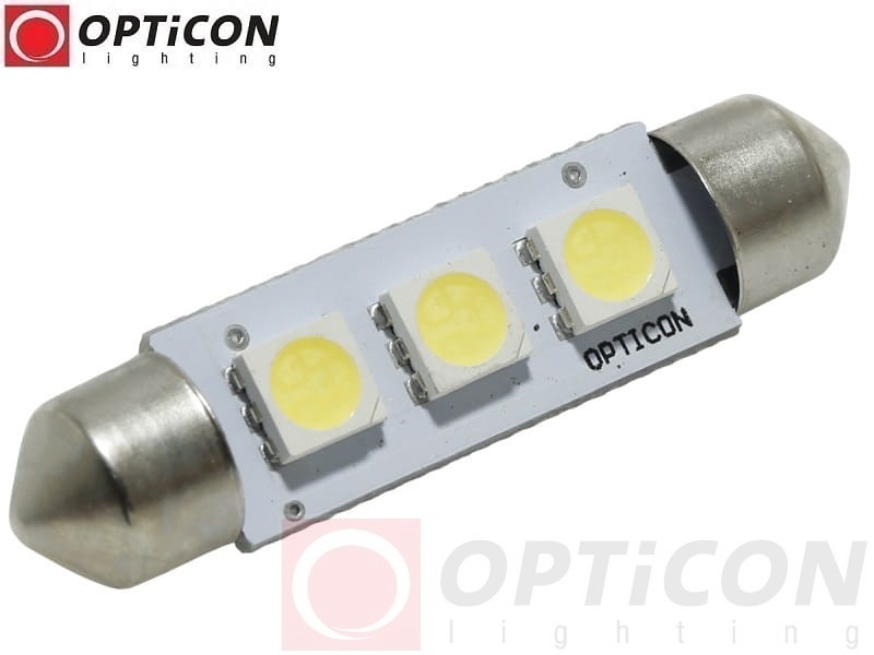 Żarówka Led C10W 42mm 12V 24V DC 3x SMD 5050 Biały Zimny 6000K OPTICON