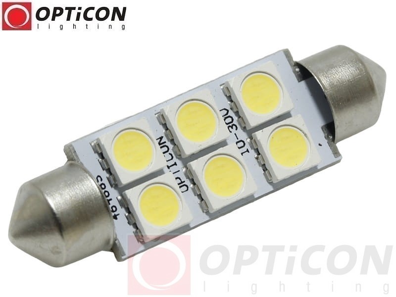 Żarówka Led C10W 42mm 12V 24V DC 6x SMD 5050 Biały Zimny 6000K OPTICON
