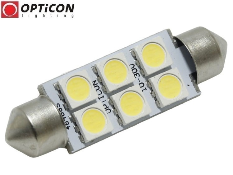 Żarówka Led C10W 42mm 12V 24V DC 6x SMD 5050 Biały Zimny 6000K OPTICON