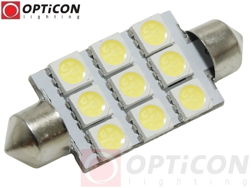 Żarówka Led C10W 42mm 12V 24V DC 9x SMD 5050 Biały Zimny 6000K OPTICON