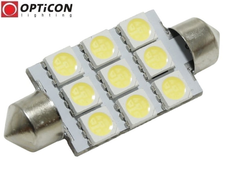 Żarówka Led C10W 42mm 12V 24V DC 9x SMD 5050 Biały Zimny 6000K OPTICON