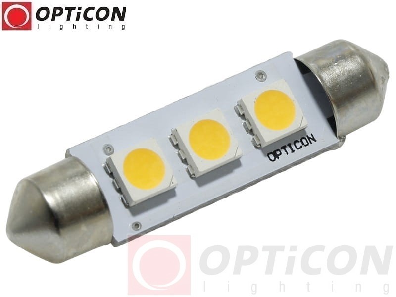 Żarówka Led C10W 42mm 12V 24V DC 3x SMD 5050 Biały Ciepły 3000K OPTICON