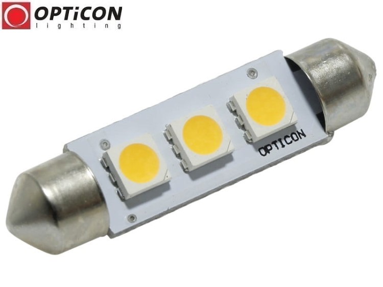 Żarówka Led C10W 42mm 12V 24V DC 3x SMD 5050 Biały Ciepły 3000K OPTICON