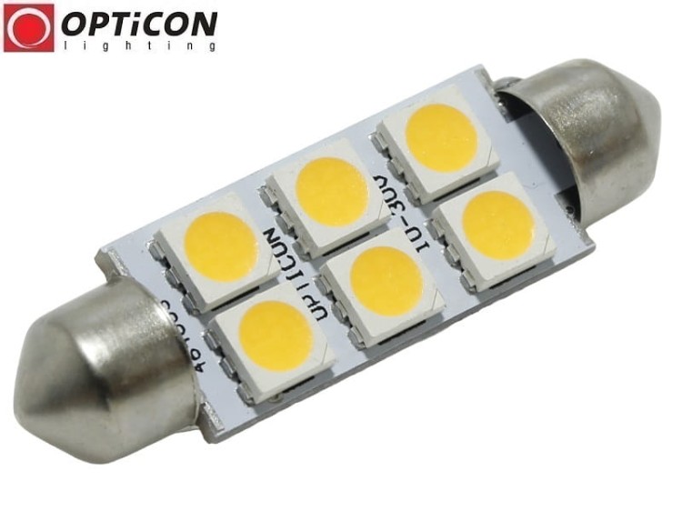 Żarówka Led C10W 42mm 12V 24V DC 6x SMD 5050 Biały  Ciepły 3000K OPTICON