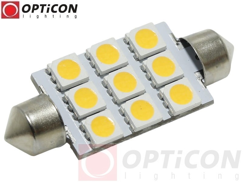 Żarówka Led C10W 42mm 12V 24V DC 9x SMD 5050 Biały Ciepły 3000K OPTICON