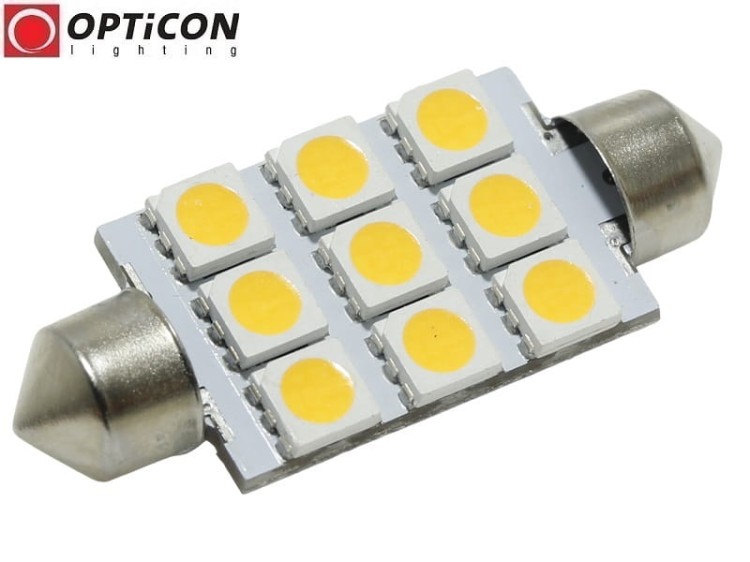 Żarówka Led C10W 42mm 12V 24V DC 9x SMD 5050 Biały Ciepły 3000K OPTICON