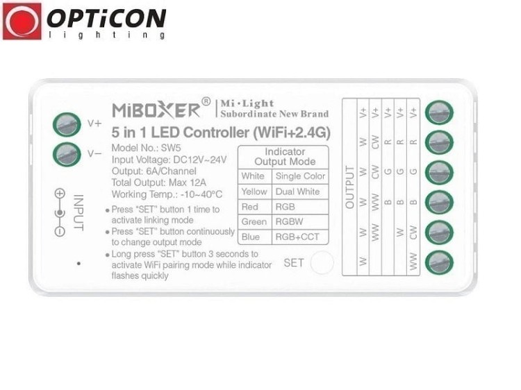Sterownik Taśm LED MiLight 5in1 SW5 12A 12V / 24V DC 2,4G Wi-Fi Bluetooth