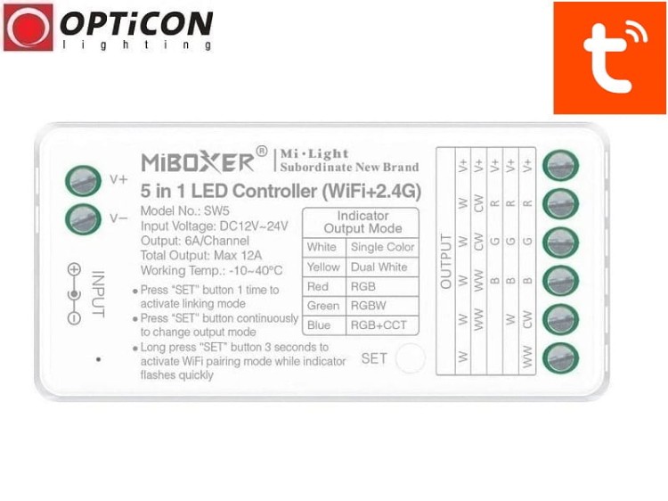 Sterownik Taśm LED MiLight 5in1 SW5 12A 12V / 24V DC 2,4G Wi-Fi Bluetooth