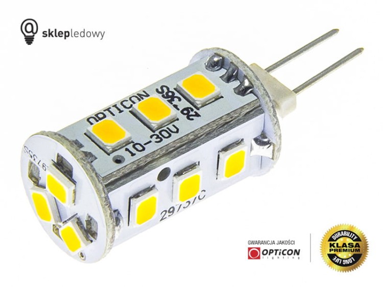  Żarówka G4 LED 1,5W 15x SMD 2835 10-30V DC Biały Ciepły 3000K 12V 24V Opticon Premium