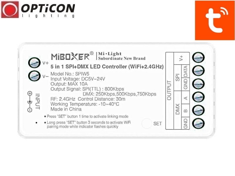 Sterownik Cyfrowych Taśm LED MiBOXER 5in1 SPIW5 Digital SPI DMX 10A 12V / 24V DC Radiowy 2,4G + WiFI Tuya App
