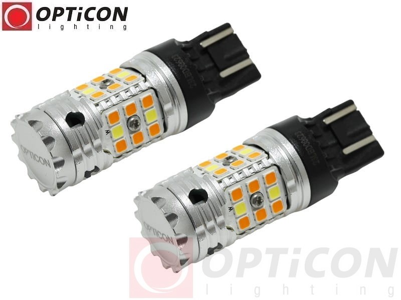 Toyota Camry USA - Światła postojowe i kierunkowskazów Dual Color LED W21/5W 7443 T20 Opticon Premium - Zestaw 2 żarówki