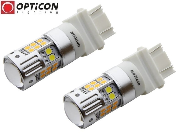 Honda Pilot USA - Światła postojowe i kierunkowskazów Dual Color LED P27/7W 3157 3457 Opticon Premium - Zestaw 2 żarówki