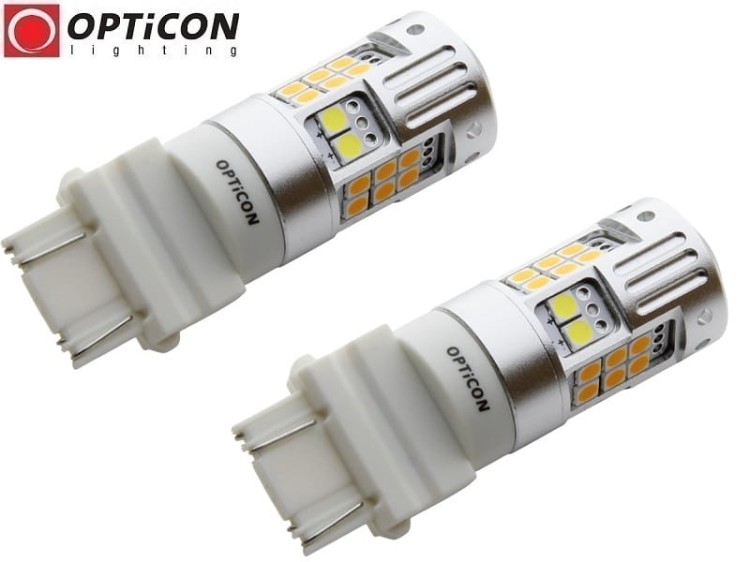 Honda Pilot USA - Światła postojowe i kierunkowskazów Dual Color LED P27/7W 3157 3457 Opticon Premium - Zestaw 2 żarówki