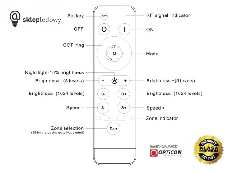 Sterownik Taśm LED CCT OPTICON Radiowy 24A 12V / 24V  DC Pilot i Panel Naścienny Jednostrefowy
