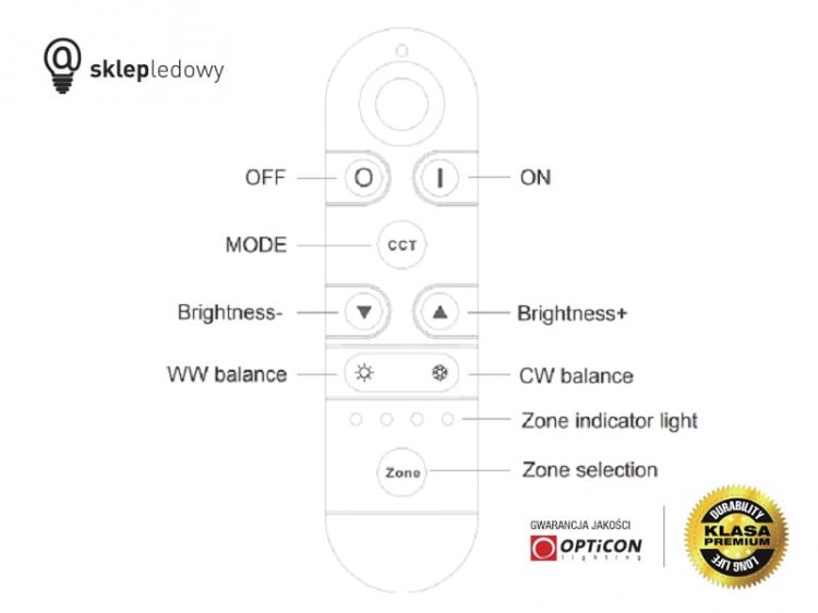 Sterownik Taśm LED MONO OPTICON Radiowy 25A 12V / 24V DC Pilot Wielostrefowy