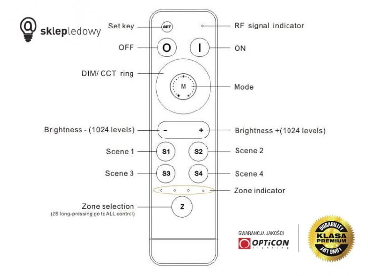 Sterownik Taśm LED MONO OPTICON Radiowy 25A 12V / 24V DC Pilot Wielostrefowy