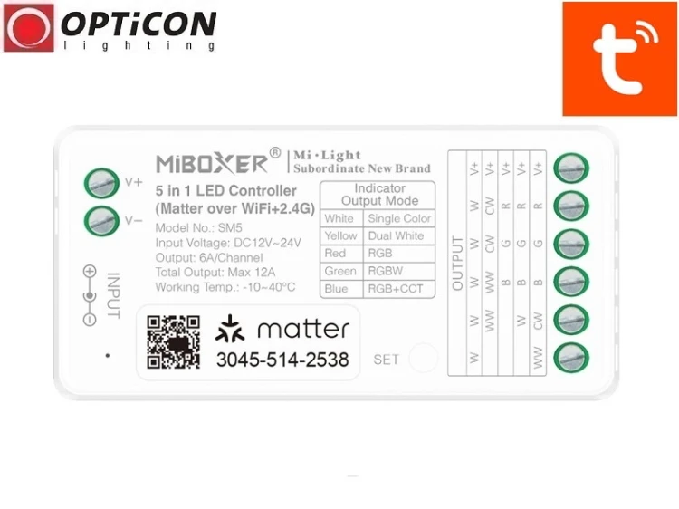 Sterownik Taśm LED Miboxer 5in1 SM5 12A 12V / 24V DC 2,4G Matter Over Wi-Fi