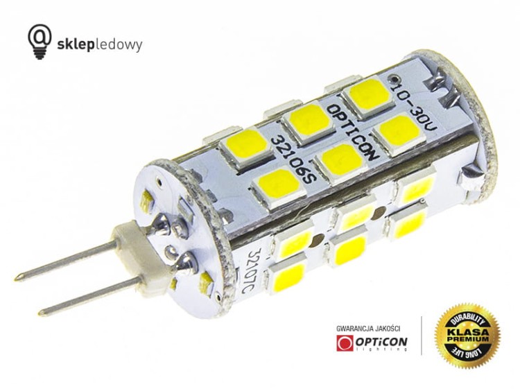 Żarówka G4 LED 2,5W 27x SMD 2835 10-30V DC Biały Zimny 6000K 12V 24V Opticon Premium