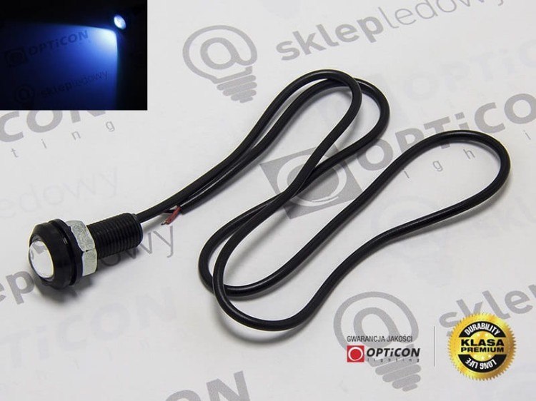 Moduł Oczko LED 1W 2x SMD 5630 12V DC Czarny 18mm Niebieski z przewodem zasilającym 