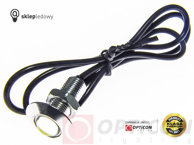 Moduł Oczko LED 1W COB SMD 12V DC Srebrny SLIM 23mm Biały Zimny z przewodem zasilającym