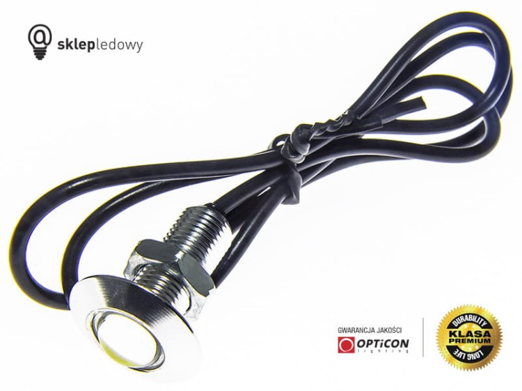 Moduł Oczko LED 1W COB SMD 12V DC Srebrny SLIM 23mm Biały Zimny z przewodem zasilającym