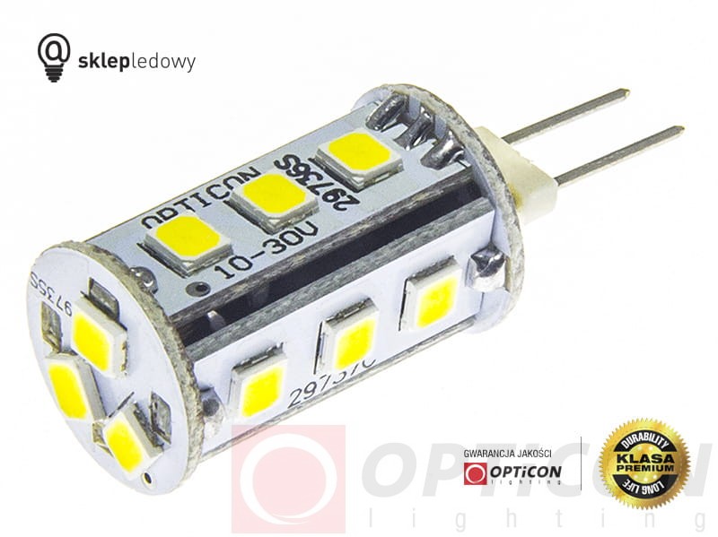 Żarówka G4 LED 1,5W 15x SMD 2835 10-30V DC Biały Zimny 6000K 12V 24V Opticon Premium