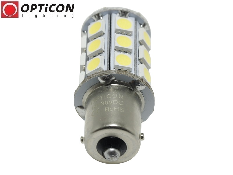  Żarówka Led P21W Ba15s 27x SMD5050 12V 24V DC Biały Zimny OPTICON - Bez polaryzacji 