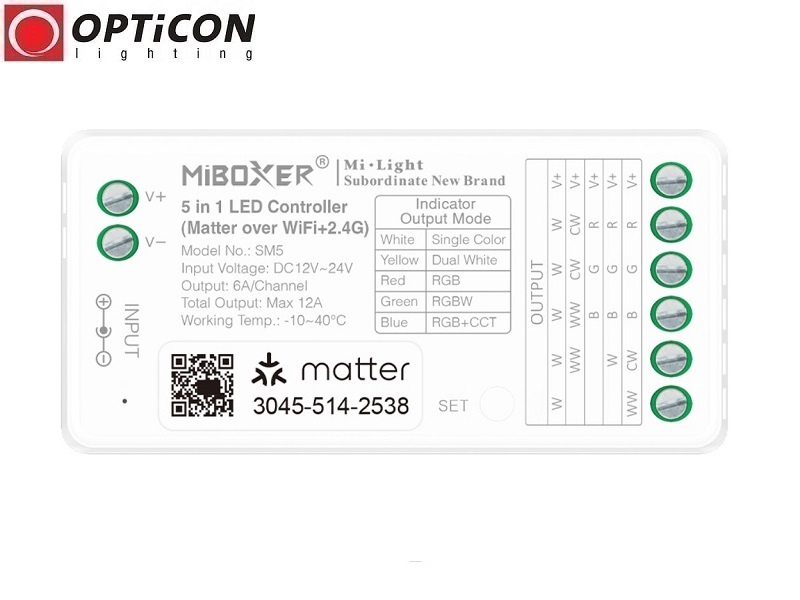 Sterownik Taśm LED Miboxer 5in1 SM5 12A 12V / 24V DC 2,4G Matter Over Wi-Fi 