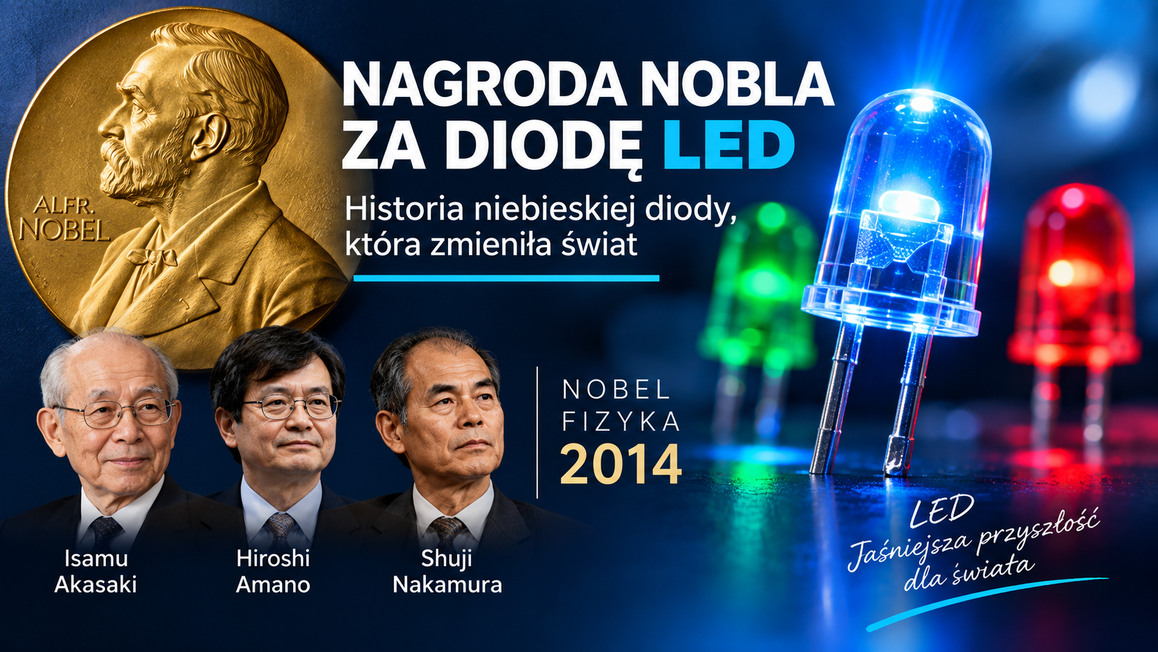 Tegoroczną nagrodę nobla z dziedziny fizyki przyznano naukowcom z Japonii za wynalezienie diody emitującej niebieskie światło. Tegoroczną nagrodę nobla z dziedziny fizyki przyznano naukowcom z Japonii za wynalezienie diody emitującej niebieskie światło.