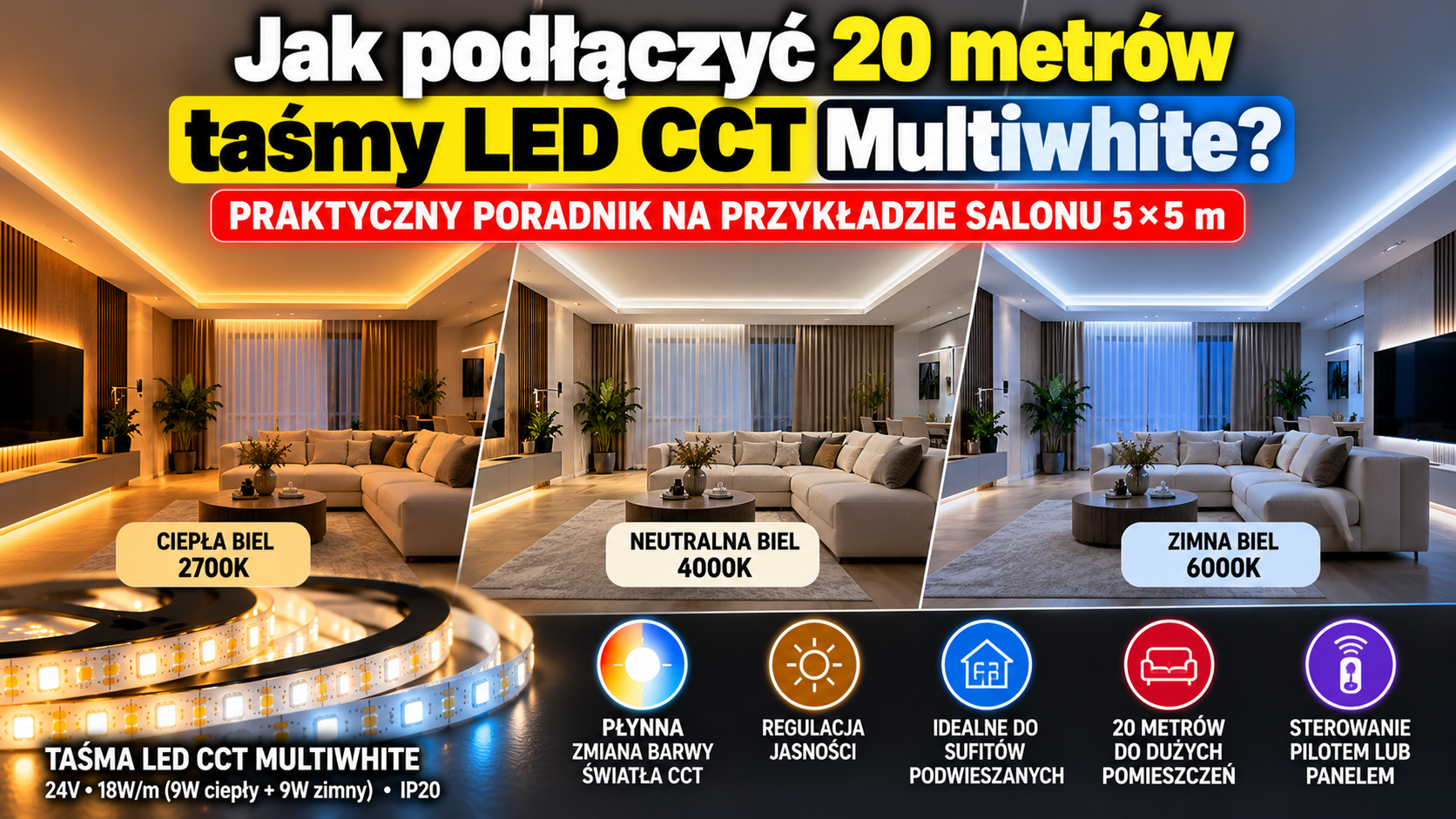 Jak podłączyć 20 metrów taśmy LED CCT Multiwhite 24V? Schemat podłączenia, dobór zasilacza i sterownika MiLight