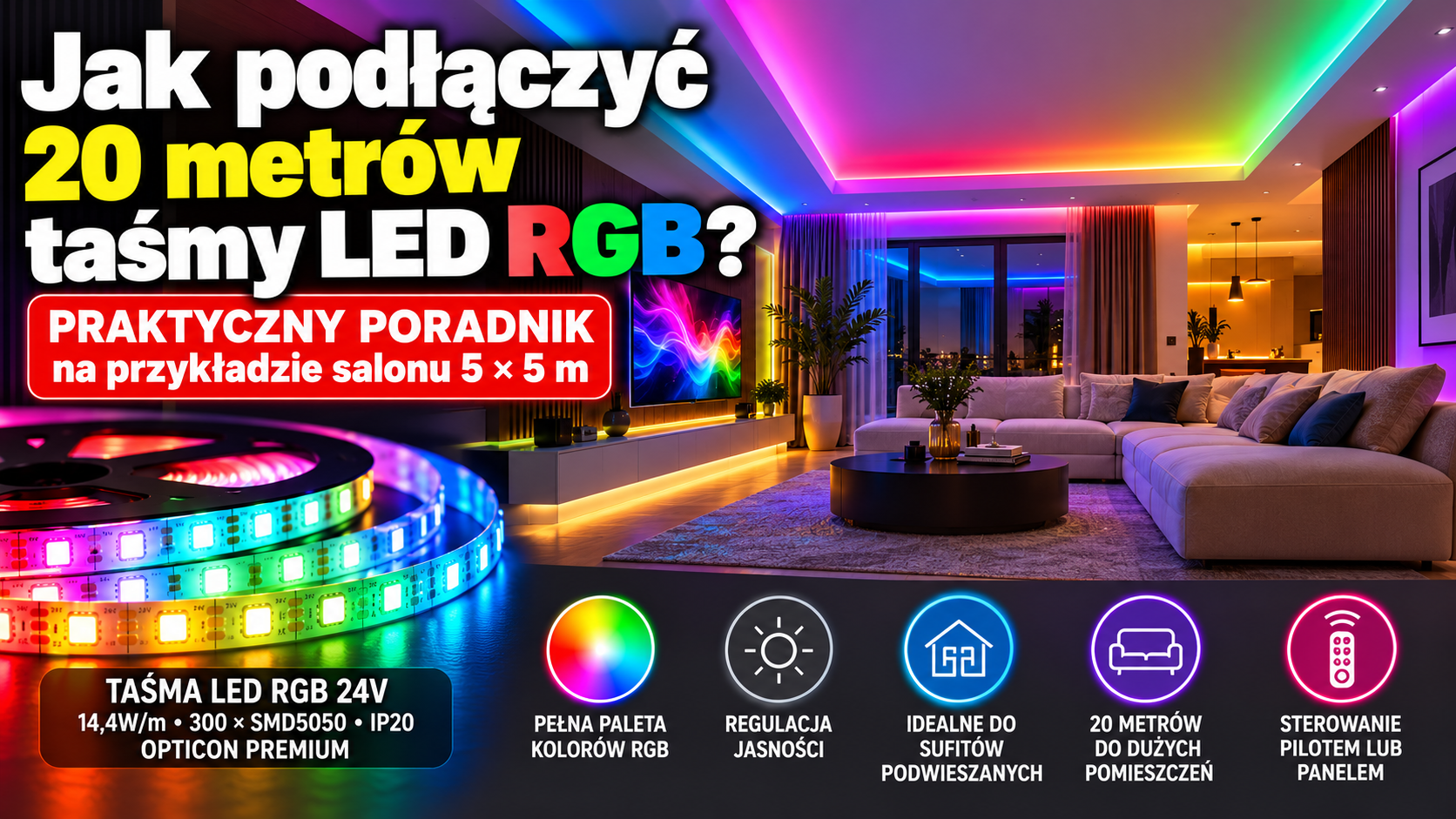 Jak podłączyć 20 metrów taśmy LED RGB 24V? Zasilacz, sterownik i schemat Jak podłączyć 20 metrów taśmy LED RGB 24V? Zasilacz, sterownik i schemat