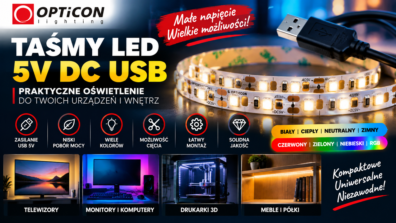 Taśmy LED 5V DC USB – zastosowanie, zasilanie, zalety i specyfikacja Taśmy LED 5V DC USB – zastosowanie, zasilanie, zalety i specyfikacja