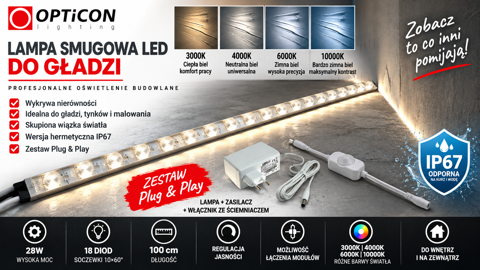 <p>Oświetlenie budowlane - Lampa smugowa kontrolna dla gładzi.</p> <p>Oświetlenie budowlane - Lampa smugowa kontrolna dla gładzi.</p>