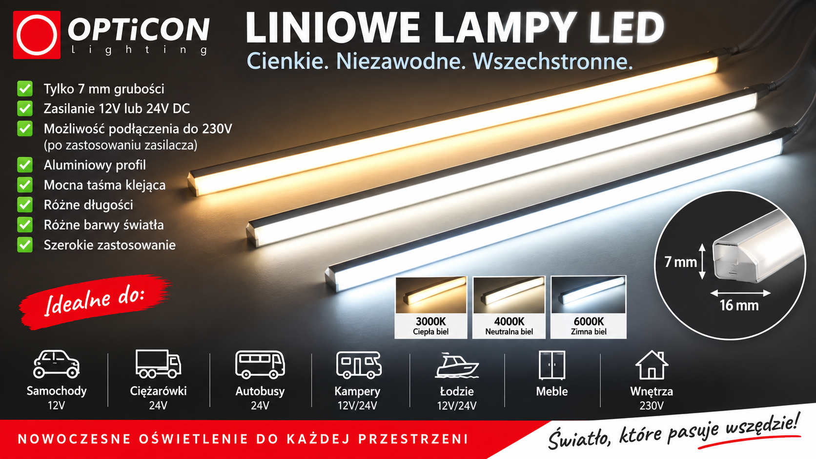 BLiniowe lampy LED - Zasilane napięciem 12V lub 24V DC. 