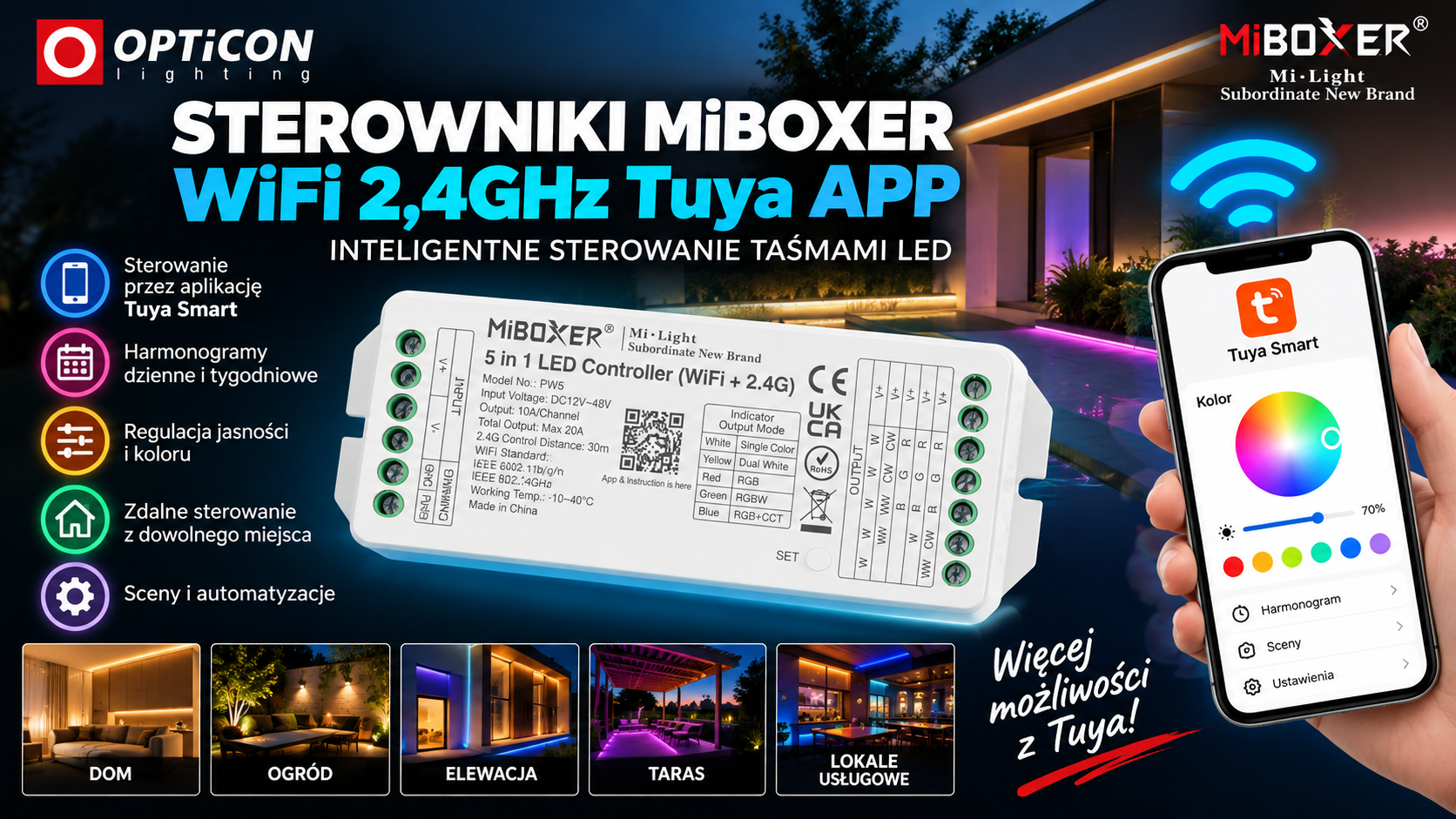 Sterowniki MiBoxer WiFi 2,4GHz Tuya APP 5in1 dla różnych typów taśm LED Sterowniki MiBoxer WiFi 2,4GHz Tuya APP 5in1 dla różnych typów taśm LED