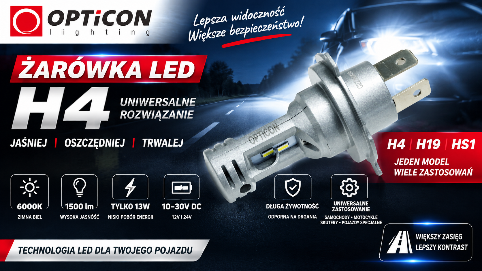 Nowość w ofercie Opticon – uniwersalna żarówka LED jako zamiennik H4, H19 i HS1 