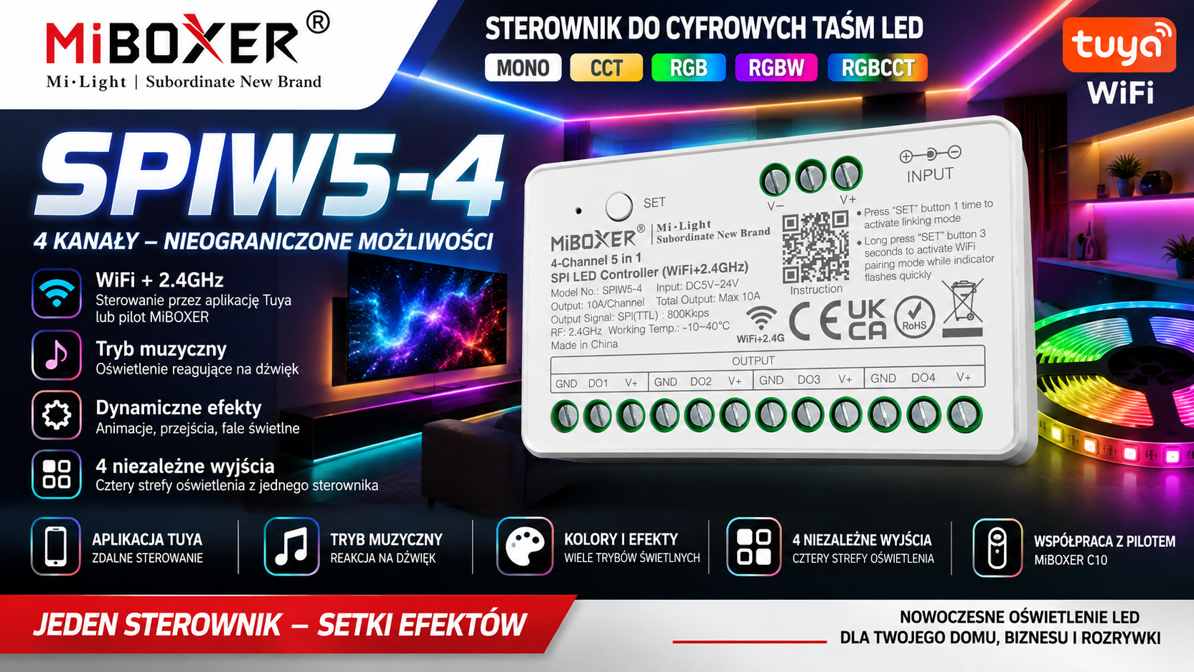 MiBOXER SPIW5-4,zaawansowany sterownik dla cyfrowych taśm LED SPI MiBOXER SPIW5-4,zaawansowany sterownik dla cyfrowych taśm LED SPI
