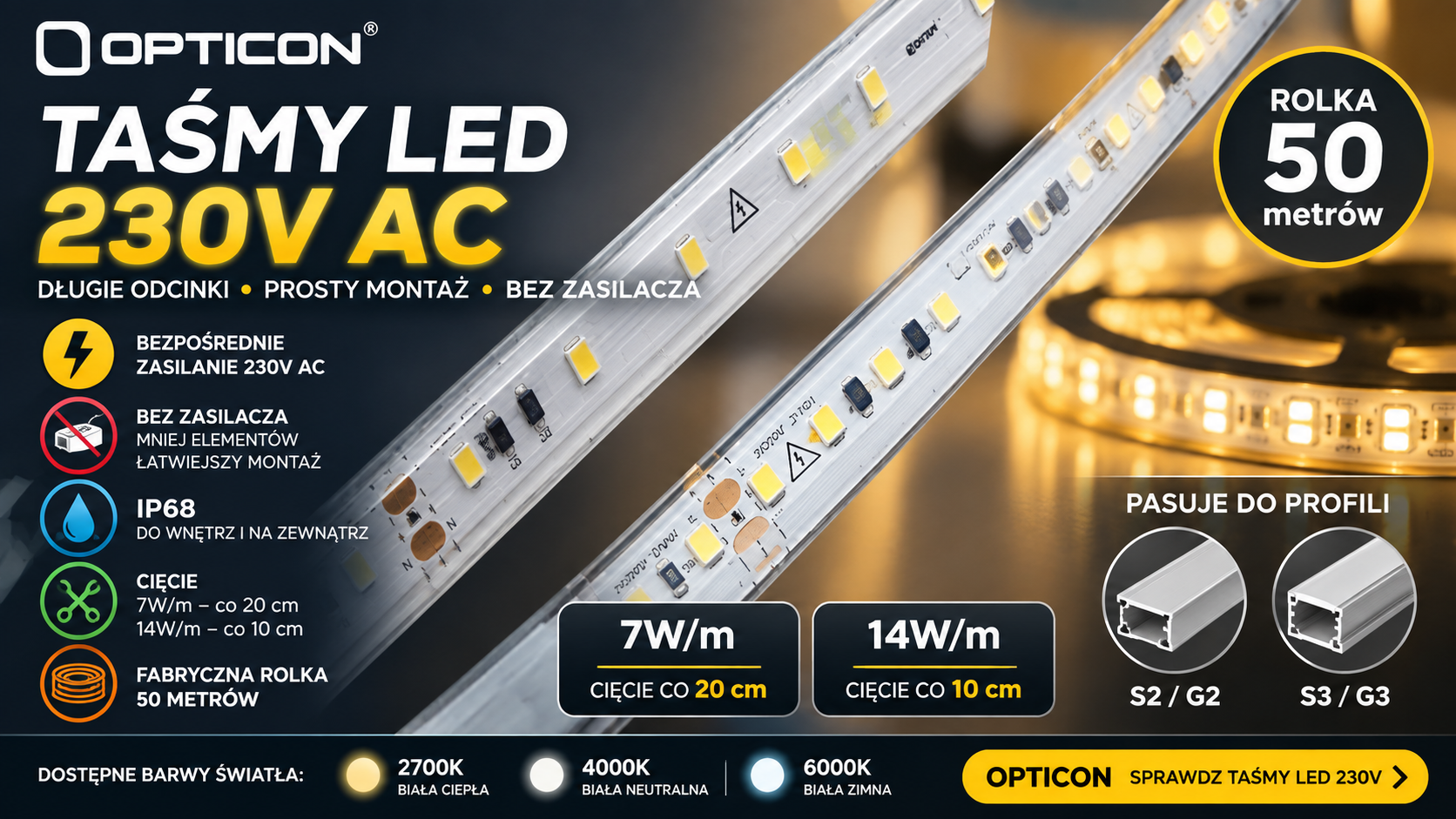 Wprowadzamy do oferty taśmy LED przeznaczone do bezpośredniego zasilania napięciem 230V AC Wprowadzamy do oferty taśmy LED przeznaczone do bezpośredniego zasilania napięciem 230V AC